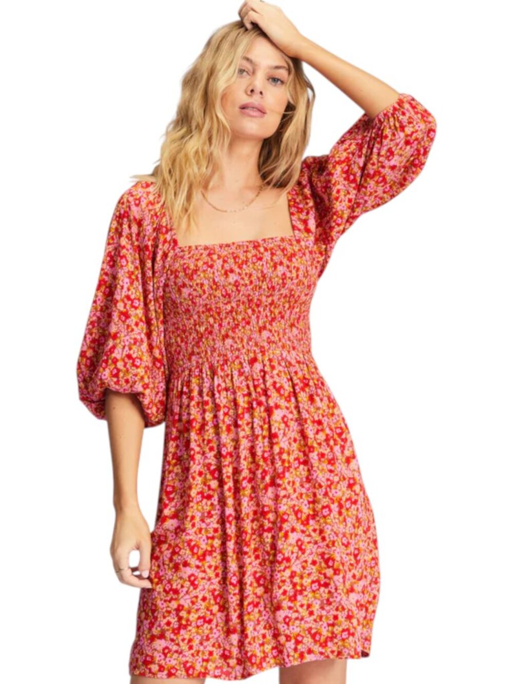 Billabong Red/Pink/Yellow Floral Smocked Mini Dress with Puff Sleeves - Size S